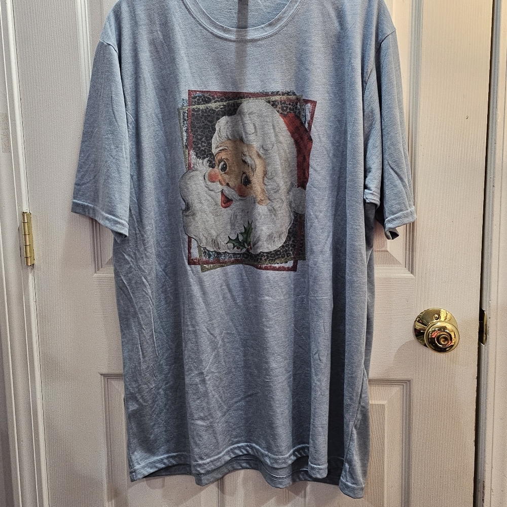 NWOT Heather Blue Jolly Santa  Cheetah Print Christmas Graphic T-Shirt Size 3XL